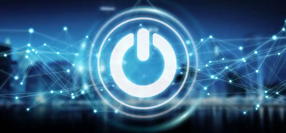 Other batteries from Electroquest. Graphic of a power button on a blue background with blurry buildings and interconnected lines on the background.